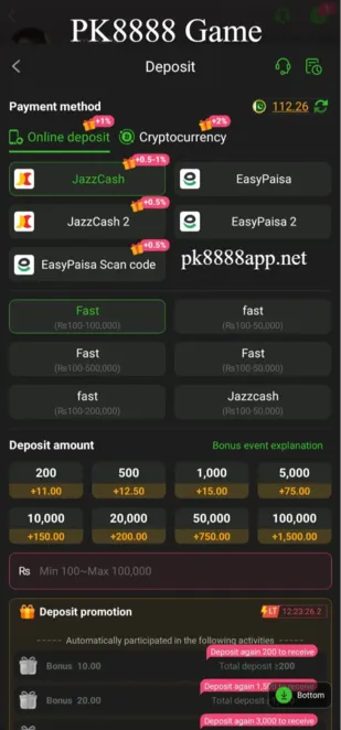 Deposit money on Pk8888